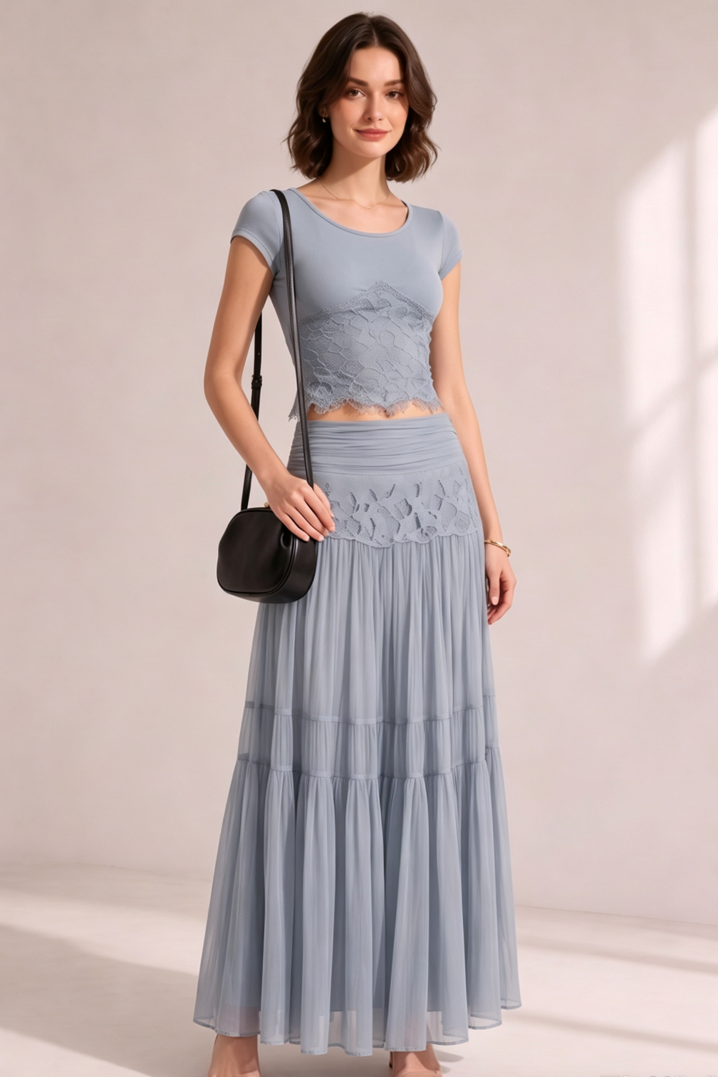 DUSTY BLUE LACE CROP TOP & TIERED MIDI SKIRT SET