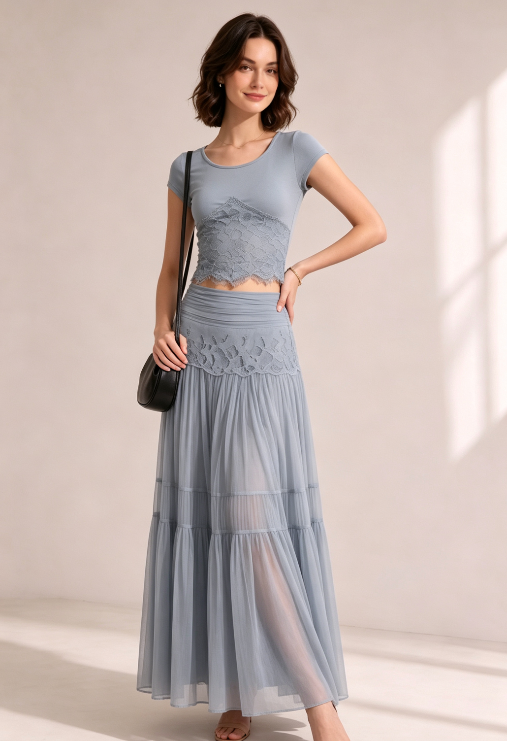 DUSTY BLUE LACE CROP TOP & TIERED MIDI SKIRT SET