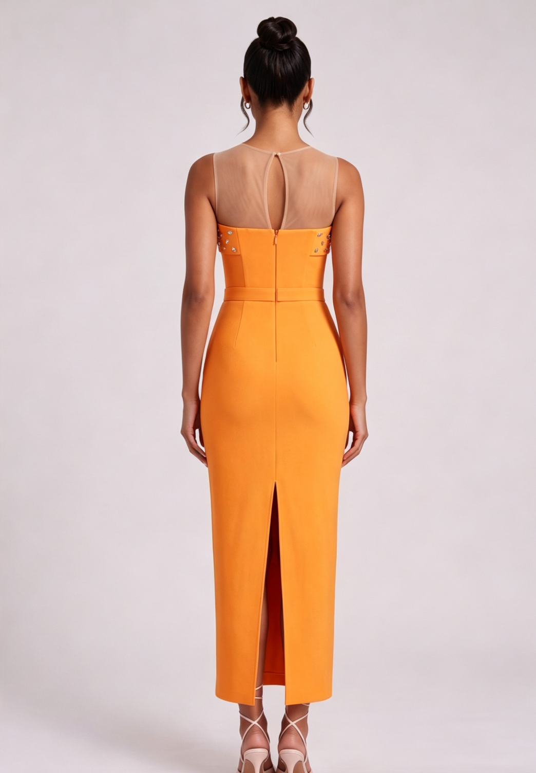 ORANGE RUFFLE MIDI DRESS FOR WEDDING GUEST