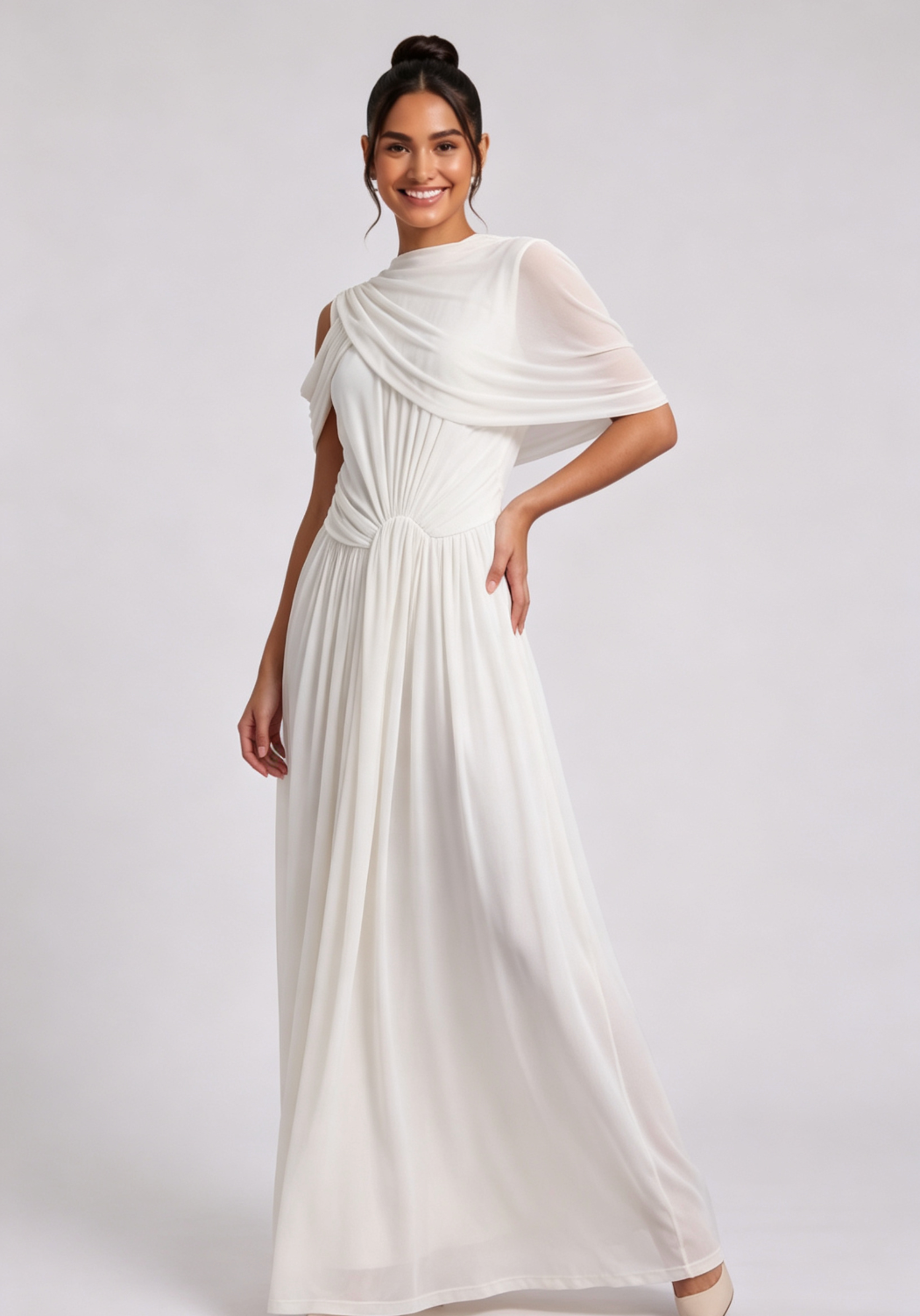 20260805160649_389_34 WHITE COLD SHOULDER DRAPED MAXI DRESS FOR WOMEN