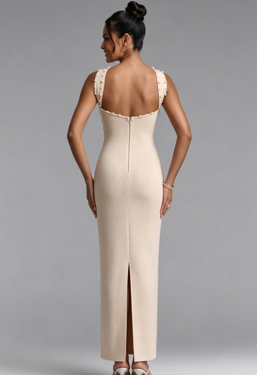 BEIGE PEARL HALTER MAXI DRESS WEDDING GUEST