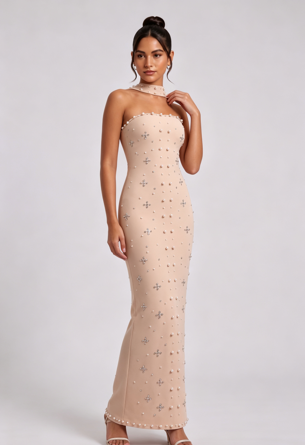 BEIGE PEARL HALTER MAXI DRESS WEDDING GUEST
