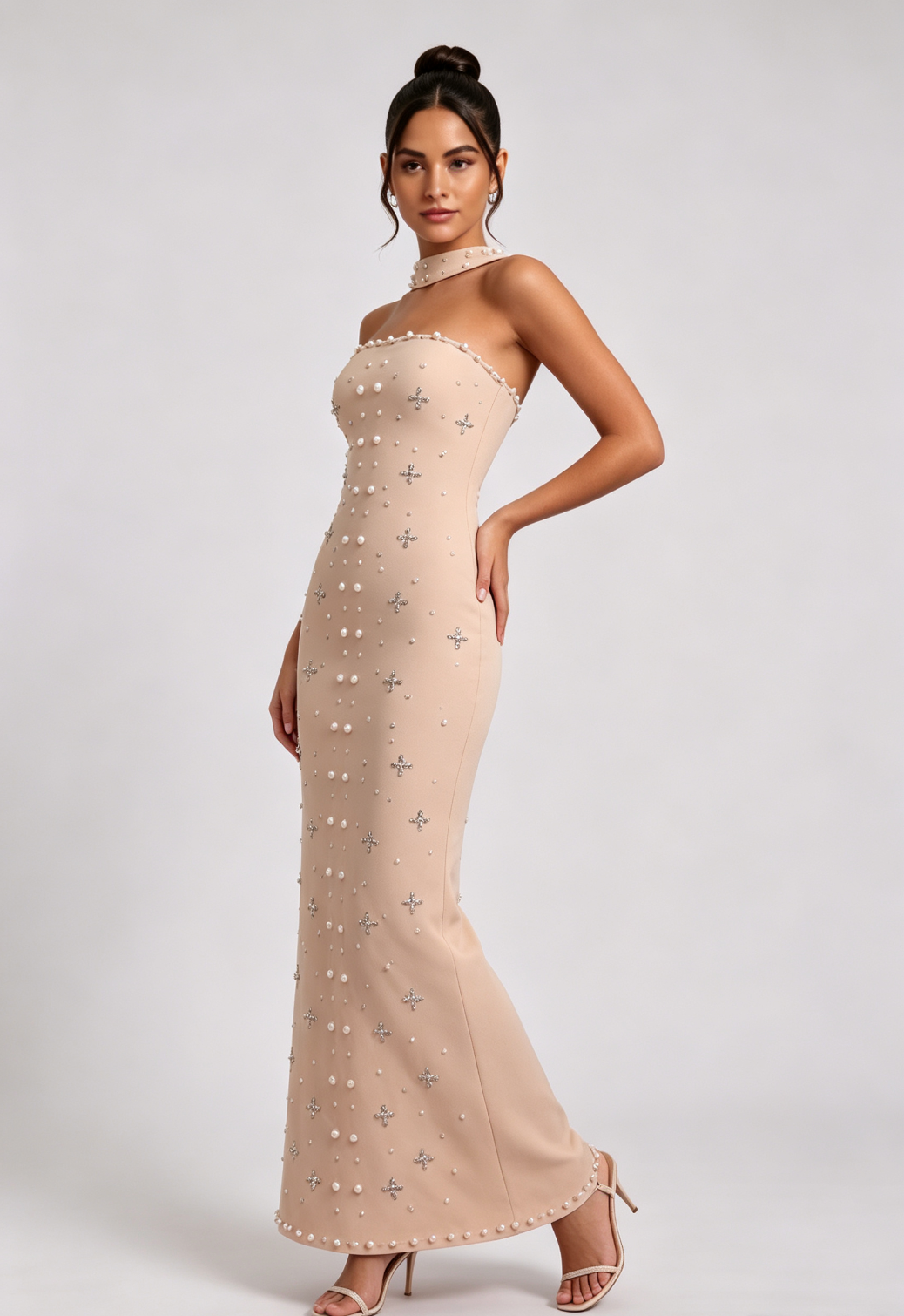 BEIGE PEARL HALTER MAXI DRESS WEDDING GUEST