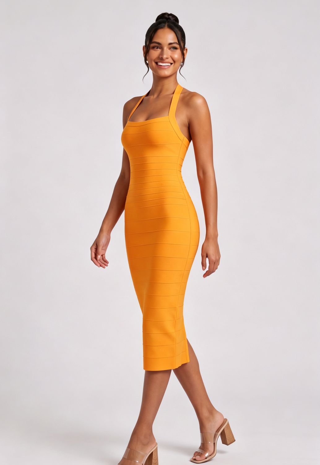 YELLOW HALTER BANDAGE MIDI DRESS FOR PARTY
