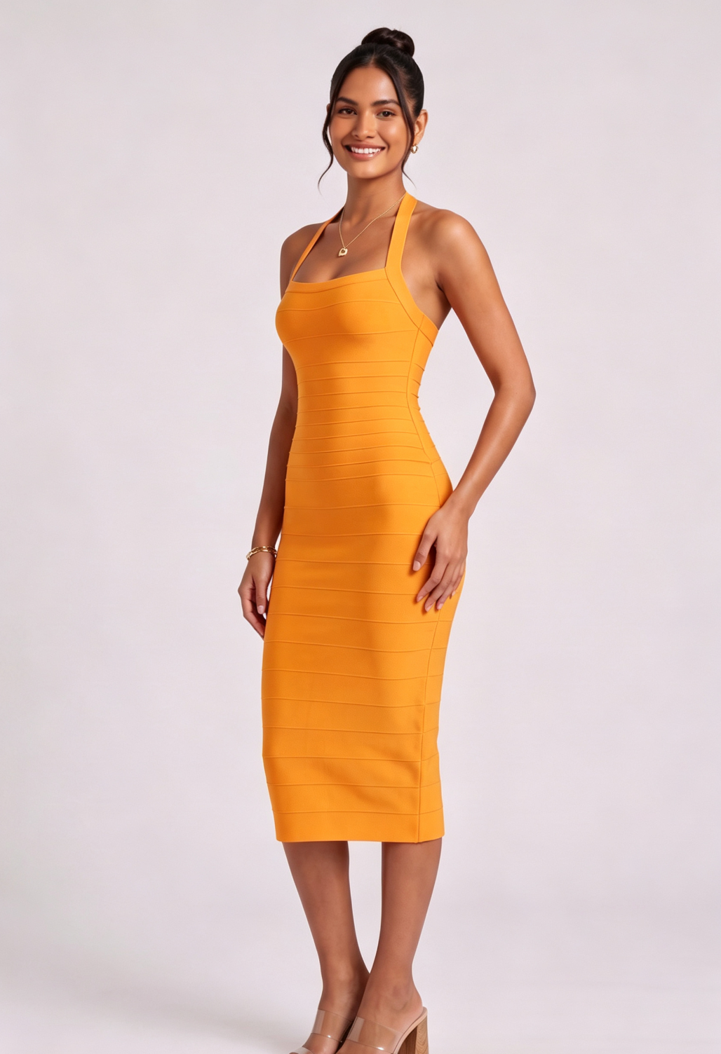 YELLOW HALTER BANDAGE MIDI DRESS FOR PARTY