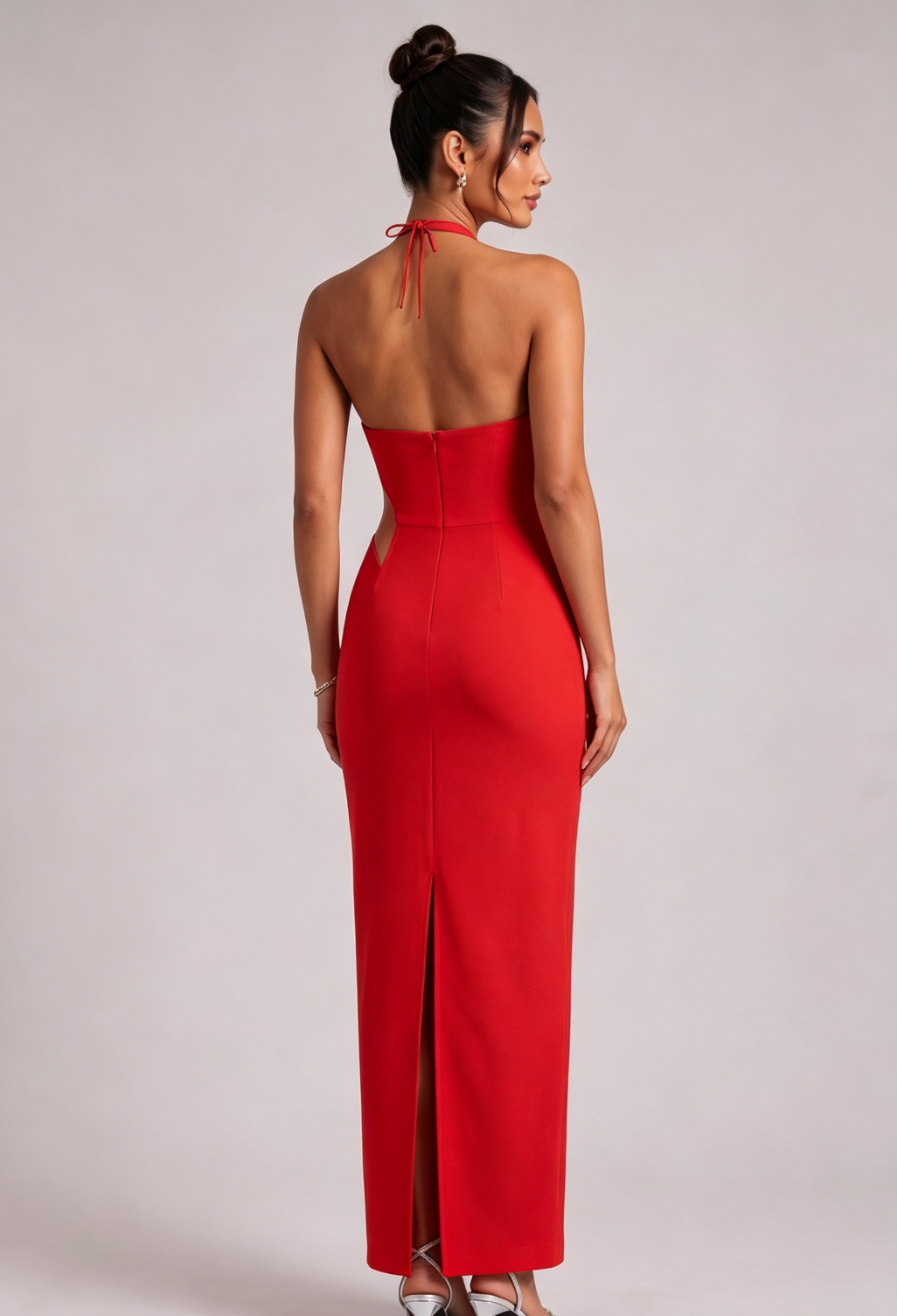 RED HALTER GOWN, SILVER FLORAL EMBELLISHMENTS, FORMAL EVENING