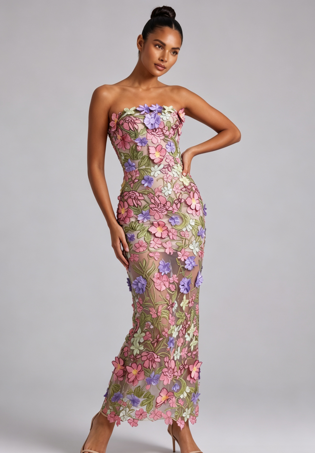 3D FLORAL STRAPLESS MAXI DRESS WEDDING GUEST