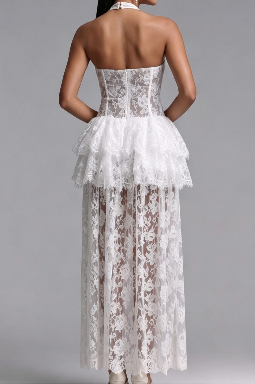 WHITE LACE CORSET PEPLUM DRESS TIERED SKIRT WEDDING GUEST