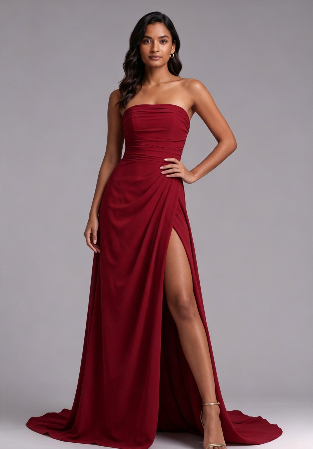 20260806161300_417_34 DEEP RED DRAPED COLUMN GOWN HIGH SLIT EVENING