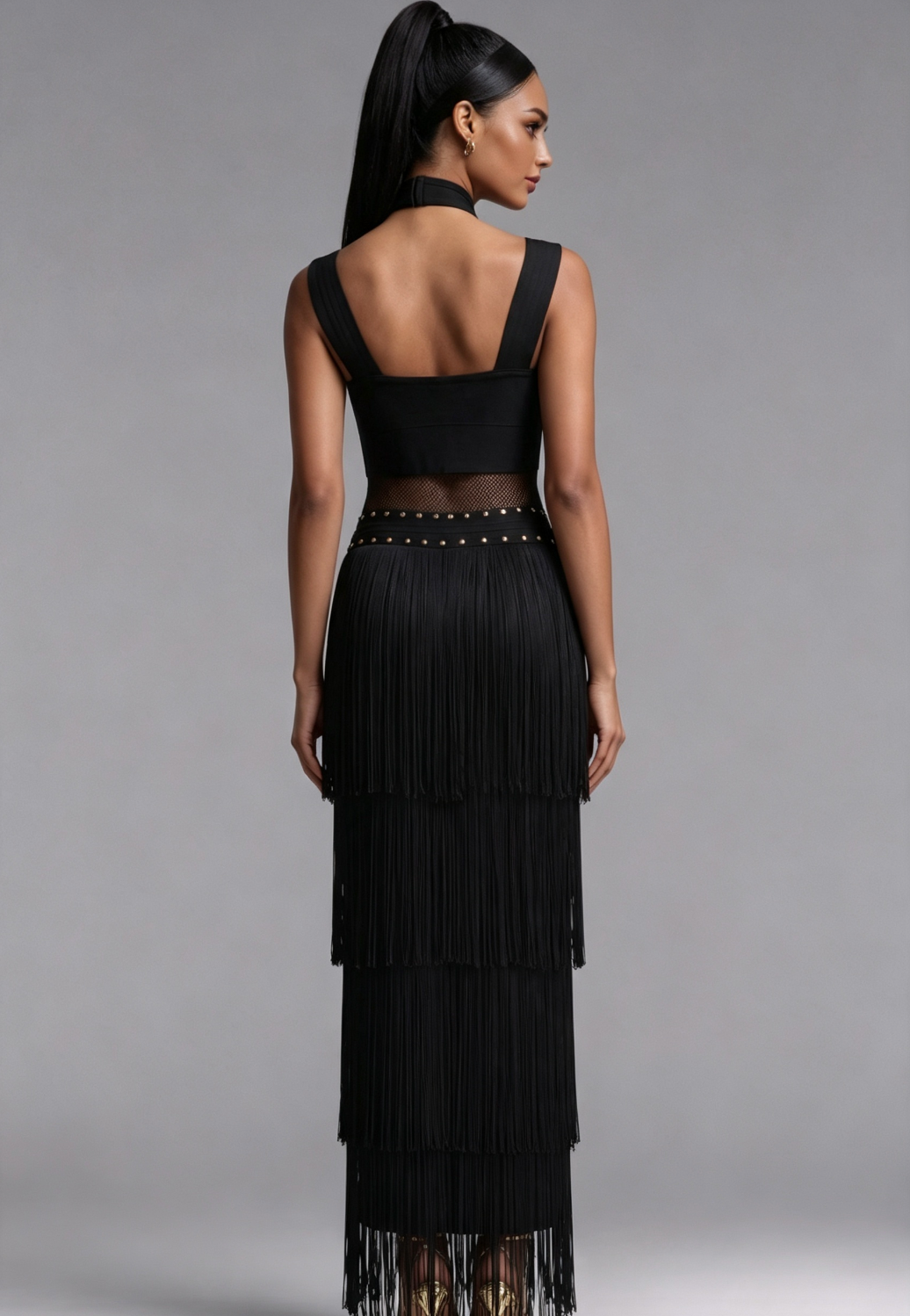 20260806162000_421_34 BLACK BANDAGE KNIT COLUMN DRESS FOR EVENING