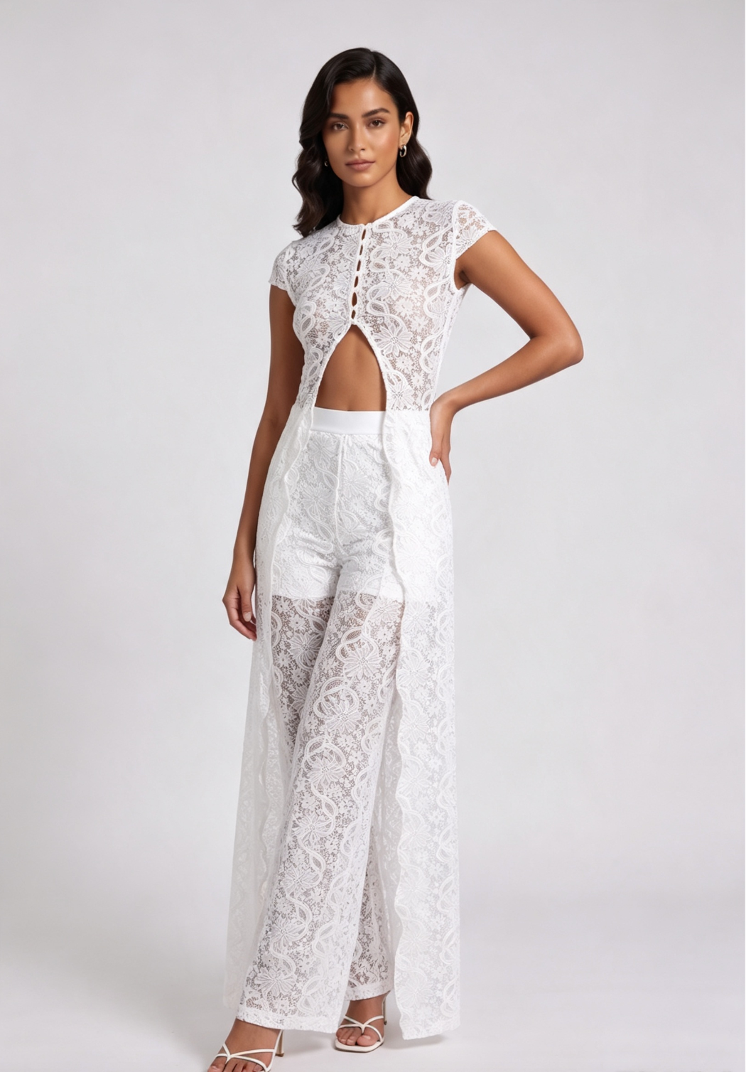 WHITE LACE SLIM-FIT MAXI TUNIC & WIDE-LEG PANTS SET