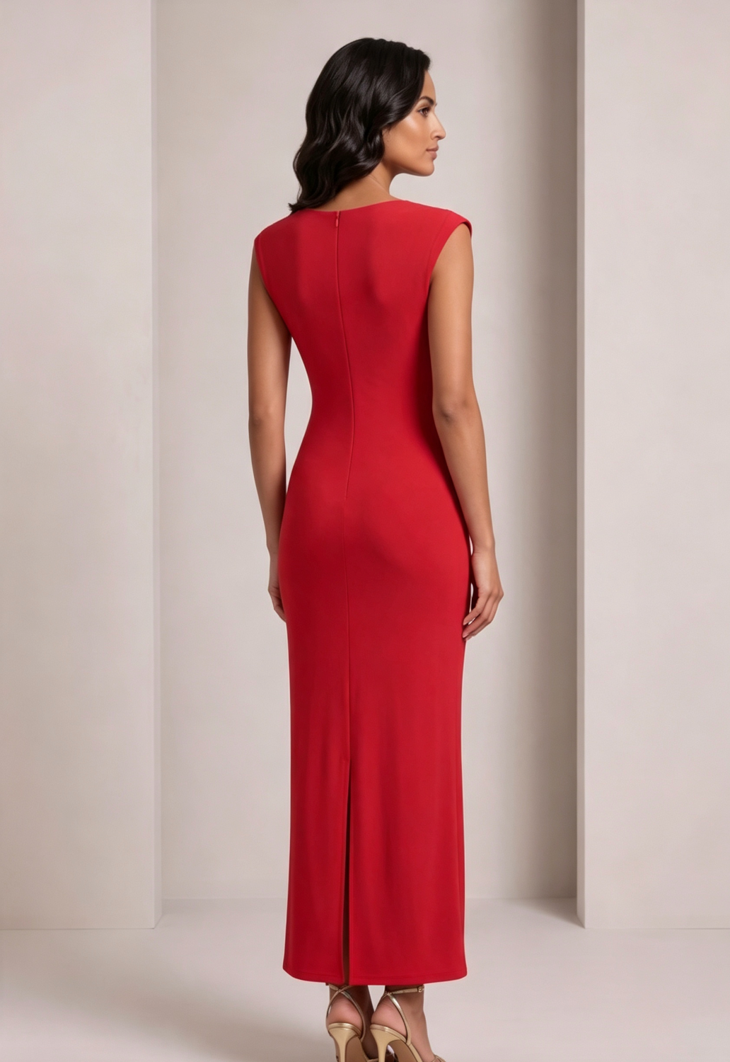 20260806162933_424_34 RED FITTED COLUMN DRESS | STRETCH CREPE PARTY