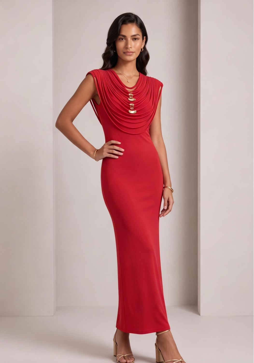 20260806163130_425_34 RED FITTED COLUMN DRESS | STRETCH CREPE PARTY
