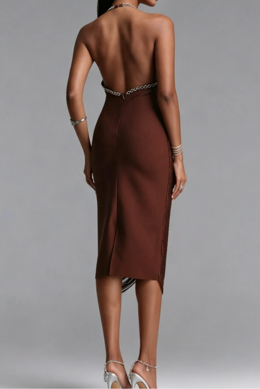 20260806163259_426_34 CHOCOLATE MICRO-FRINGE SHEATH DRESS FOR COCKTAIL