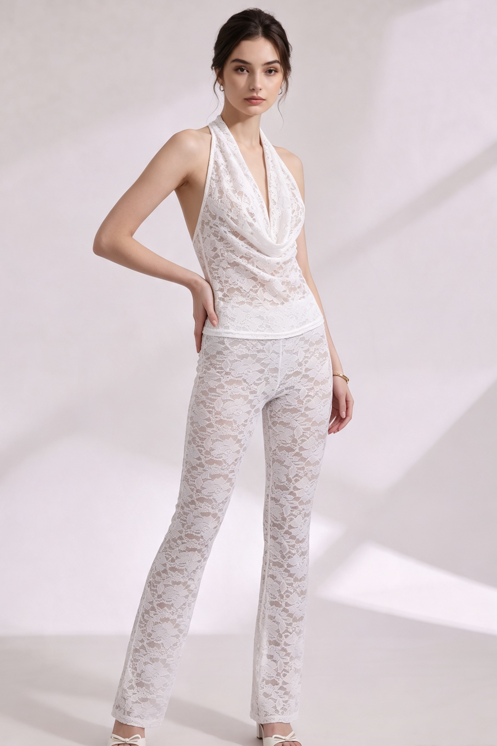 20260807165956_452_34 WHITE SHEER LACE HALTER TWO-PIECE SET - FLARED PANTS
