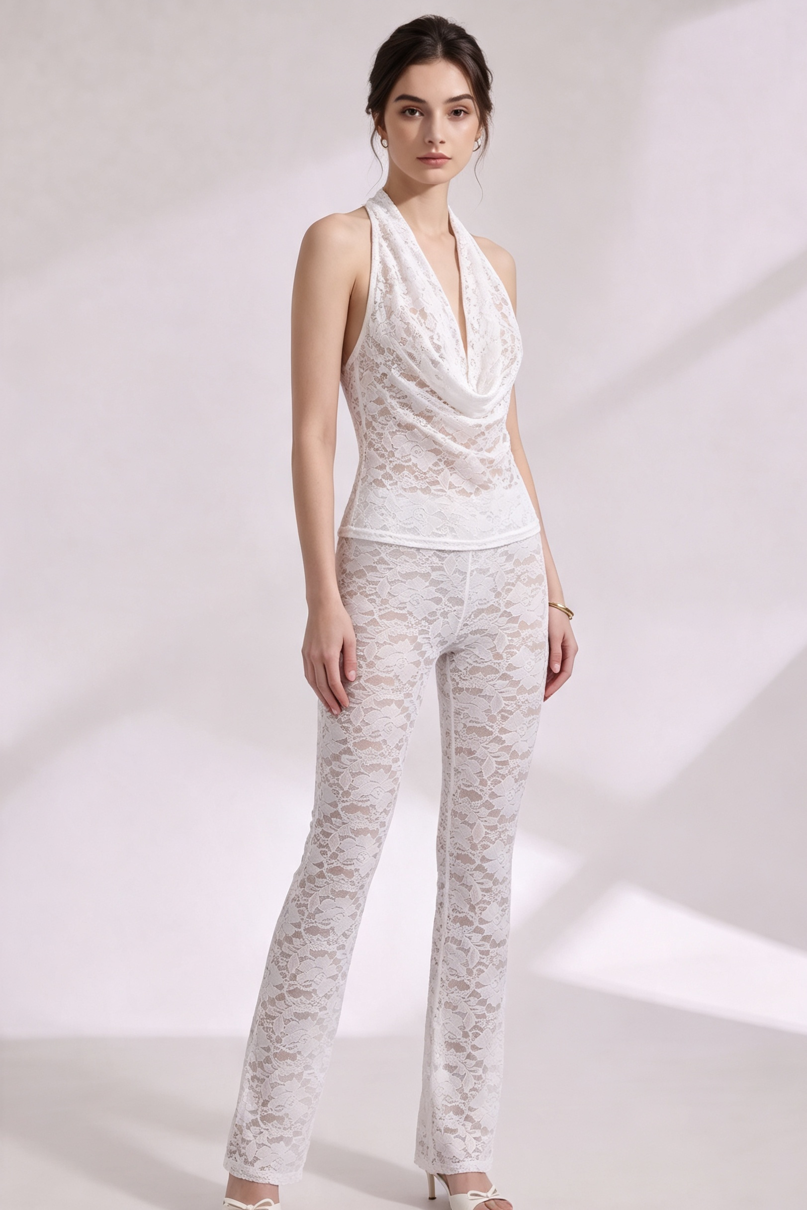 20260807165956_453_34 WHITE SHEER LACE HALTER TWO-PIECE SET - FLARED PANTS