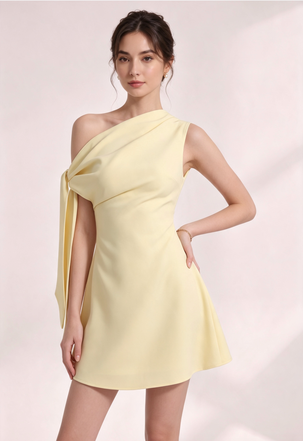 20260810152149_464_34 PALE YELLOW ONE-SHOULDER A-LINE MINI DRESS