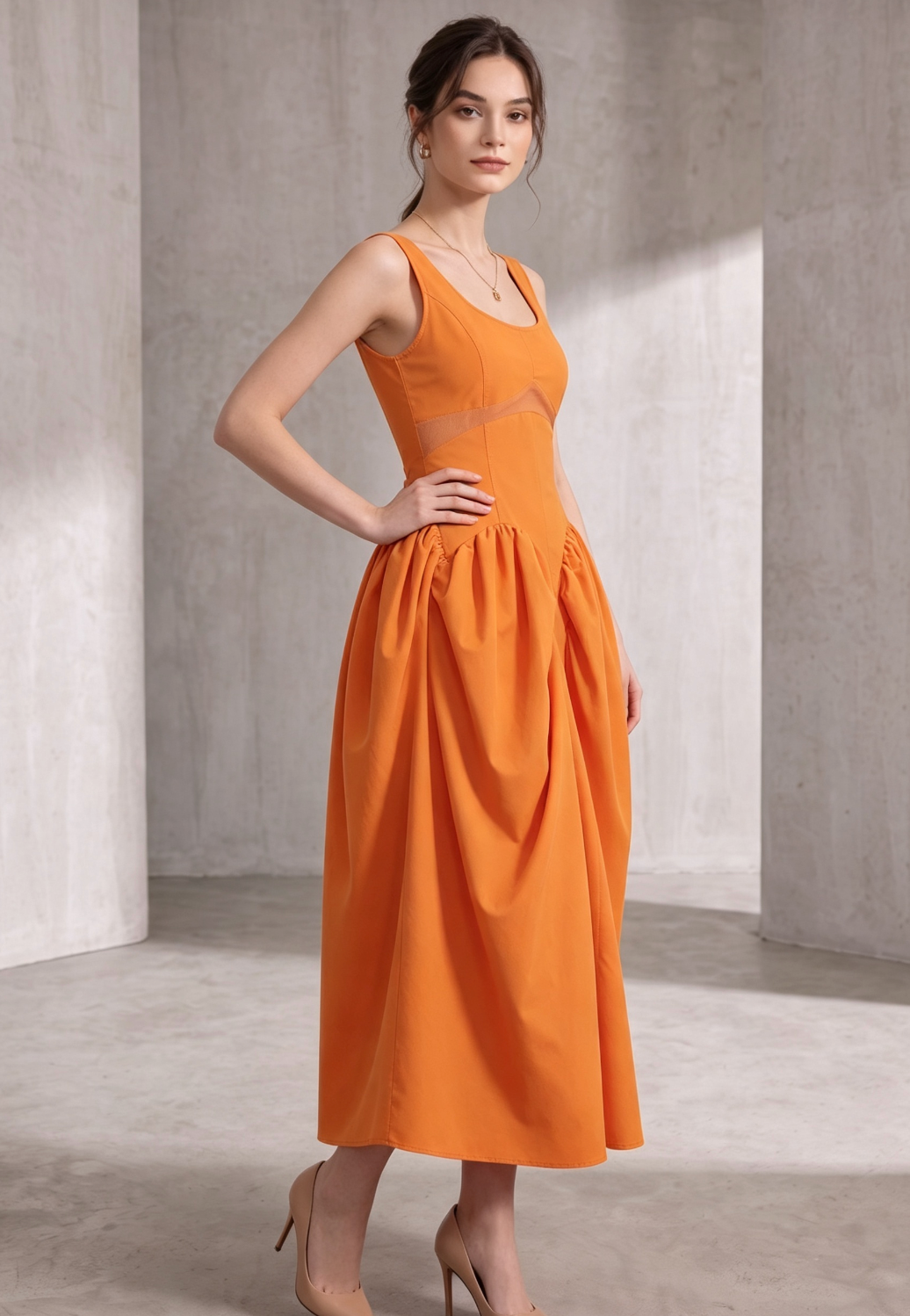 20260810152330_465_34 BRIGHT ORANGE FIT-AND-FLARE MIDI DRESS