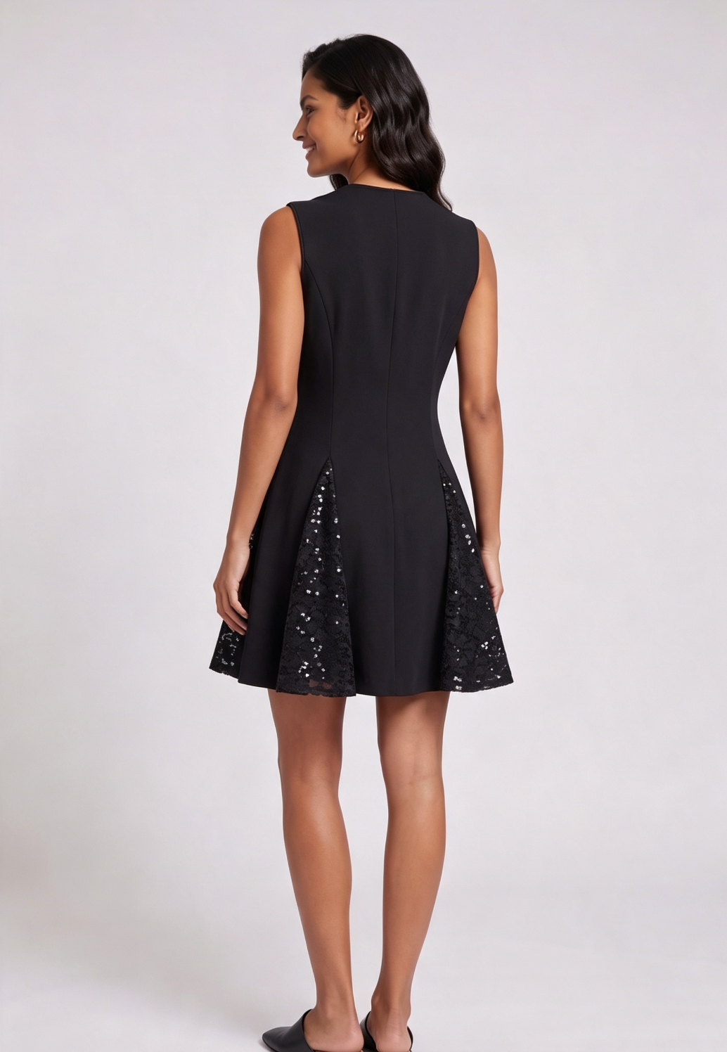20260811134407_482_34 BLACK STRUCTURED CREPE A-LINE FIT-AND-FLARE DRESS
