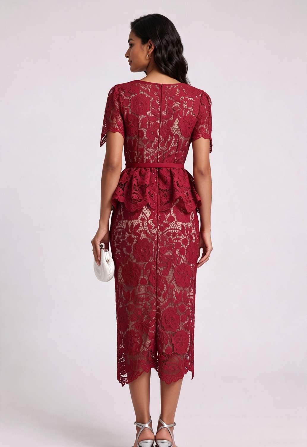 DARK RED PEPLUM LACE SHEATH DRESS, FORMAL