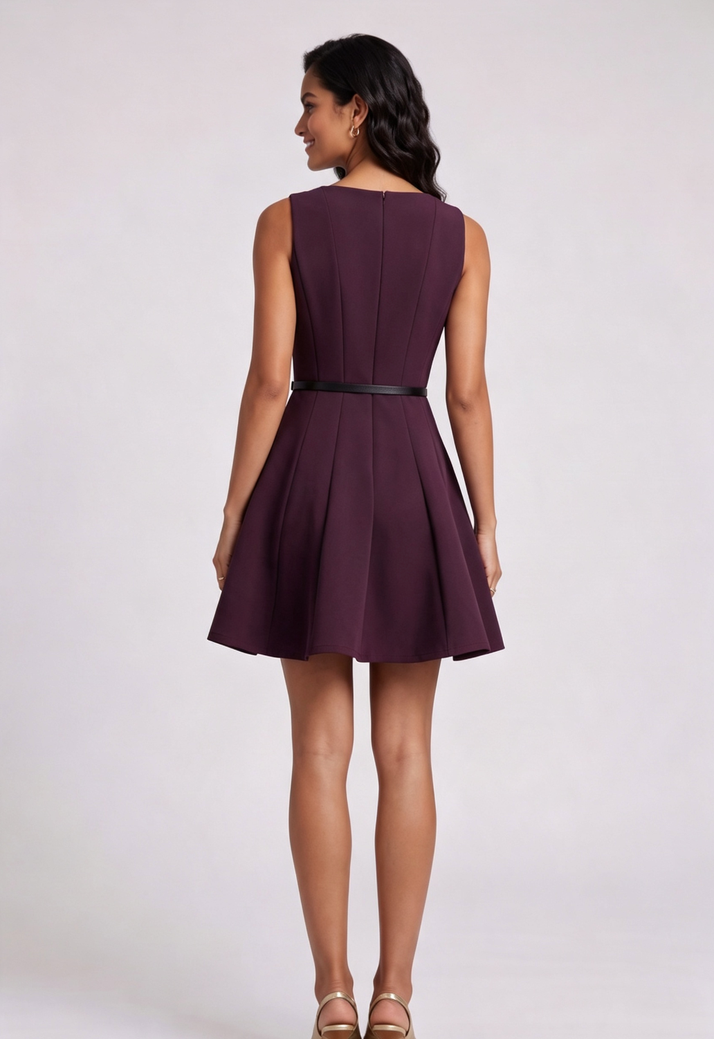 20260811134929_485_34 DEEP PLUM FIT-AND-FLARE CREPE MINI DRESS