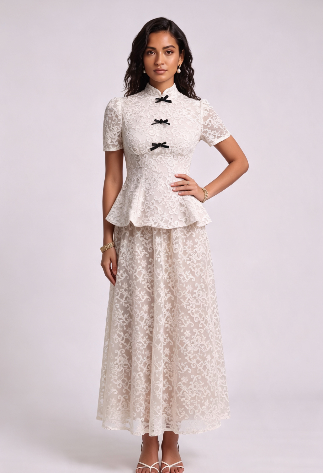 20260811135546_486_34 IVORY LACE PEPLUM TOP & A-LINE MAXI SKIRT SET