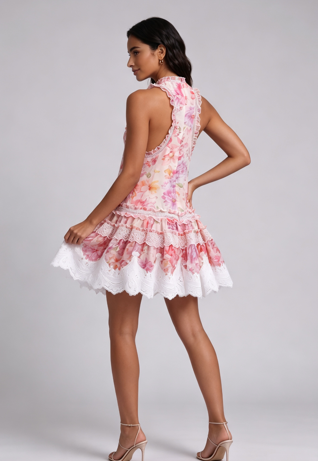20260811140045_489_34 PINK CHIFFON A-LINE TIERED FLORAL PARTY DRESS