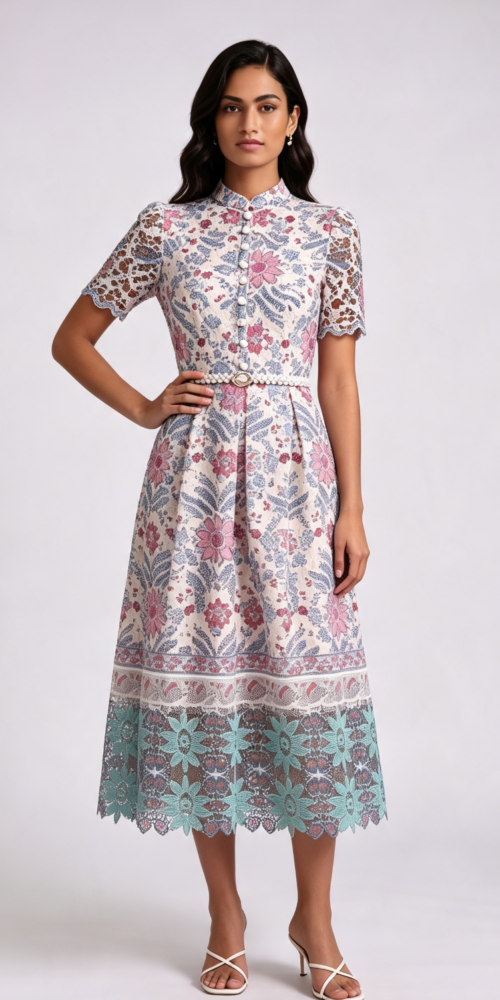 CREAM GUIPURE LACE A-LINE WEDDING GUEST DRESS