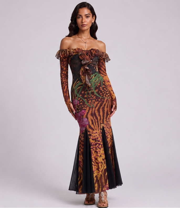 BROWN MERMAID MESH EVENING DRESS
