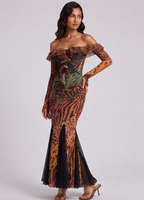 BROWN MERMAID MESH EVENING DRESS