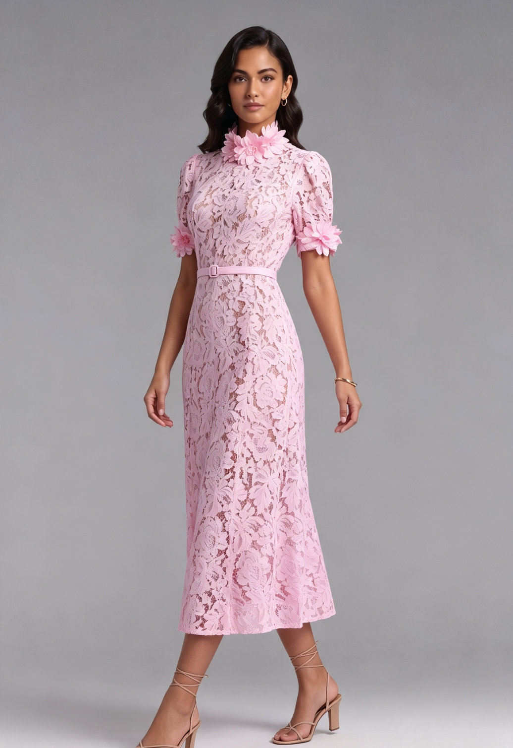 20260811144149_501_34 PINK FLORAL LACE A-LINE MIDI DRESS FOR WEDDING GUEST