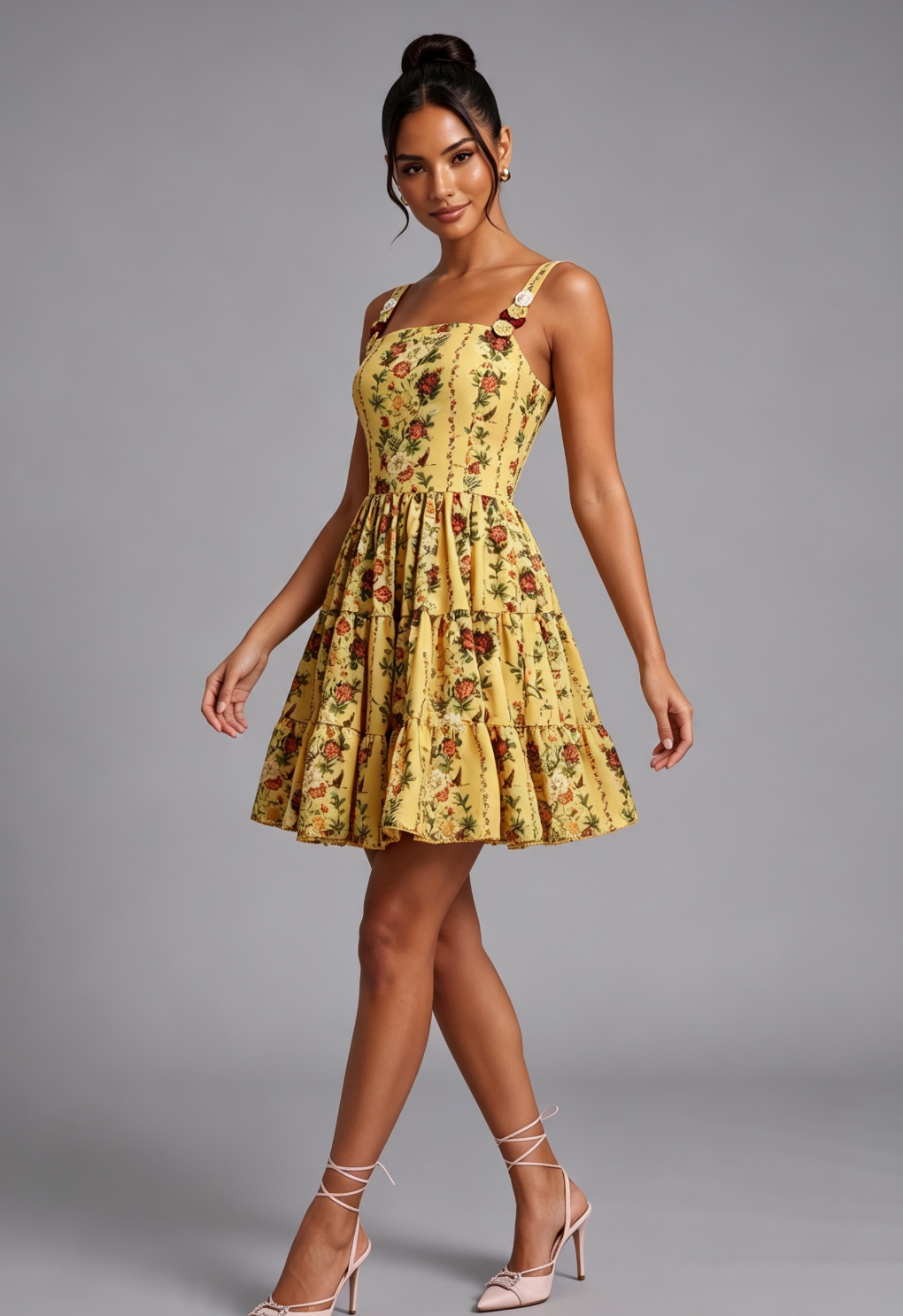 20260811155347_517_34 YELLOW FLORAL A-LINE FIT-AND-FLARE MINI DRESS