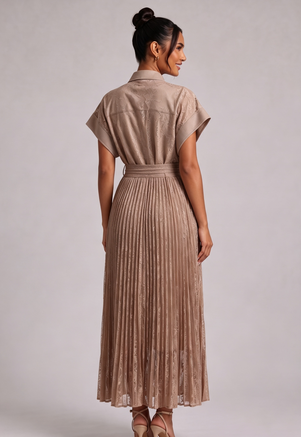 LACE-TIED PLEATED MIDI SHIRT DRESS FOR WEDDING GUEST