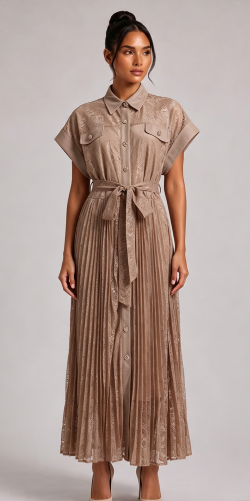 20260811160435_521_34 LACE-TIED PLEATED MIDI SHIRT DRESS FOR WEDDING GUEST