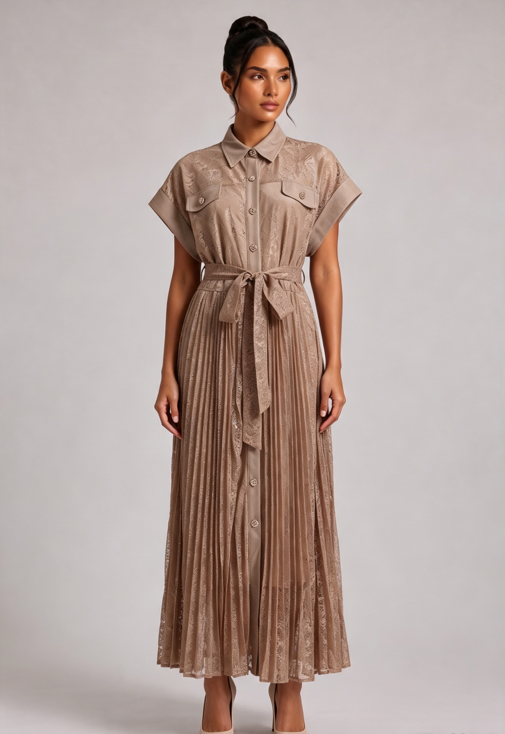 LACE-TIED PLEATED MIDI SHIRT DRESS FOR WEDDING GUEST