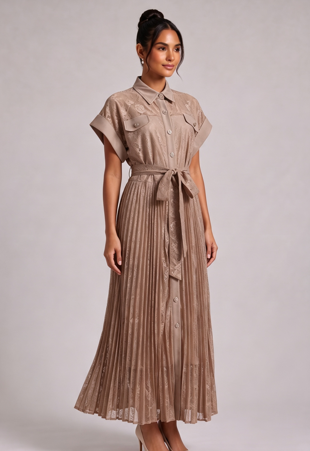 LACE-TIED PLEATED MIDI SHIRT DRESS FOR WEDDING GUEST