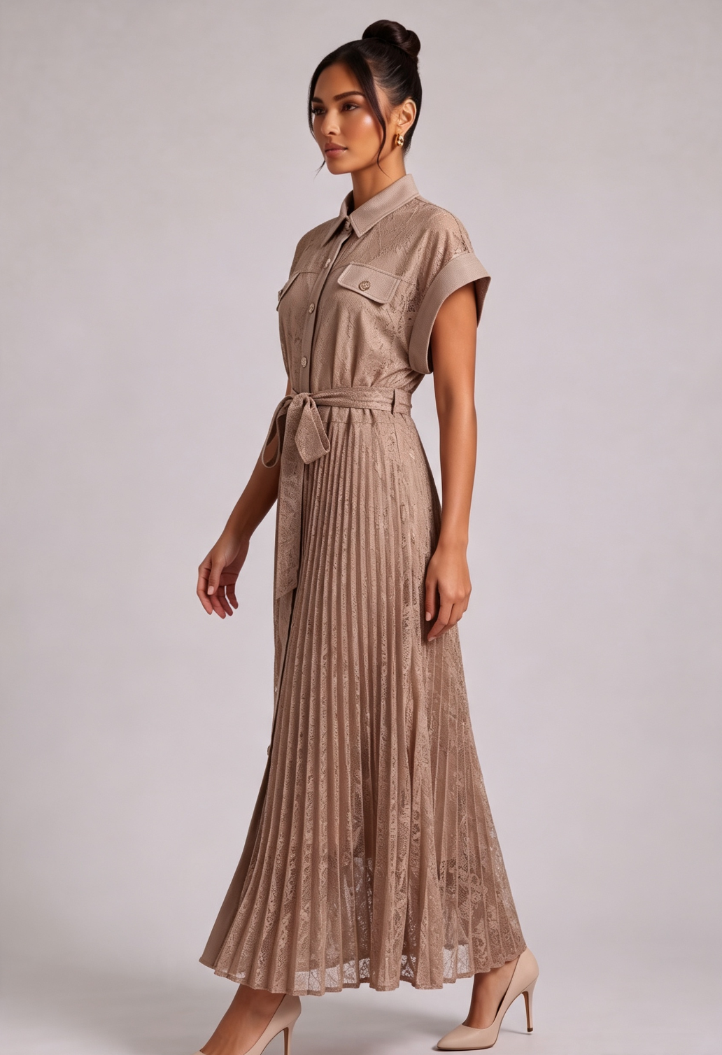 LACE-TIED PLEATED MIDI SHIRT DRESS FOR WEDDING GUEST