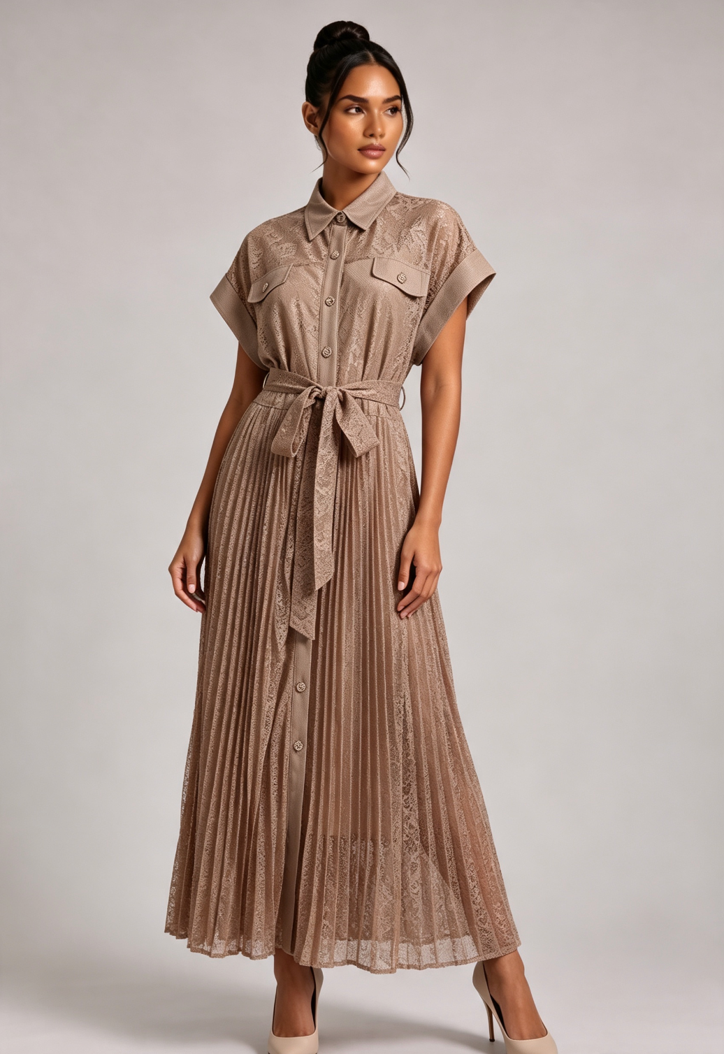 LACE-TIED PLEATED MIDI SHIRT DRESS FOR WEDDING GUEST