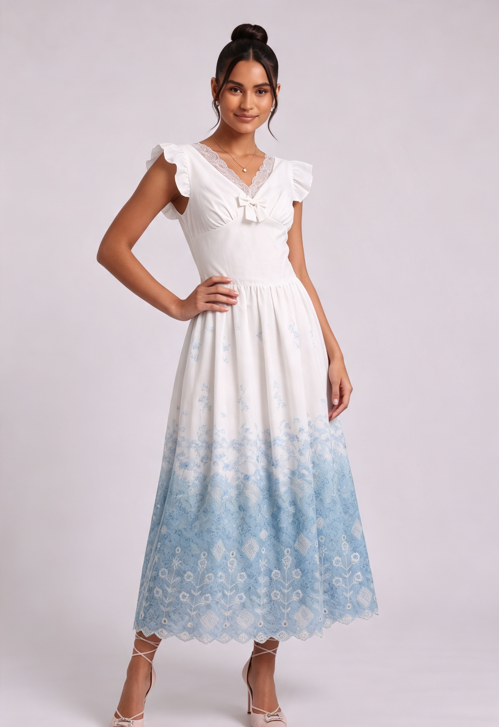 20260812134947_529_34 WHITE FIT-AND-FLARE MIDI DRESS WITH FLORAL EYELET