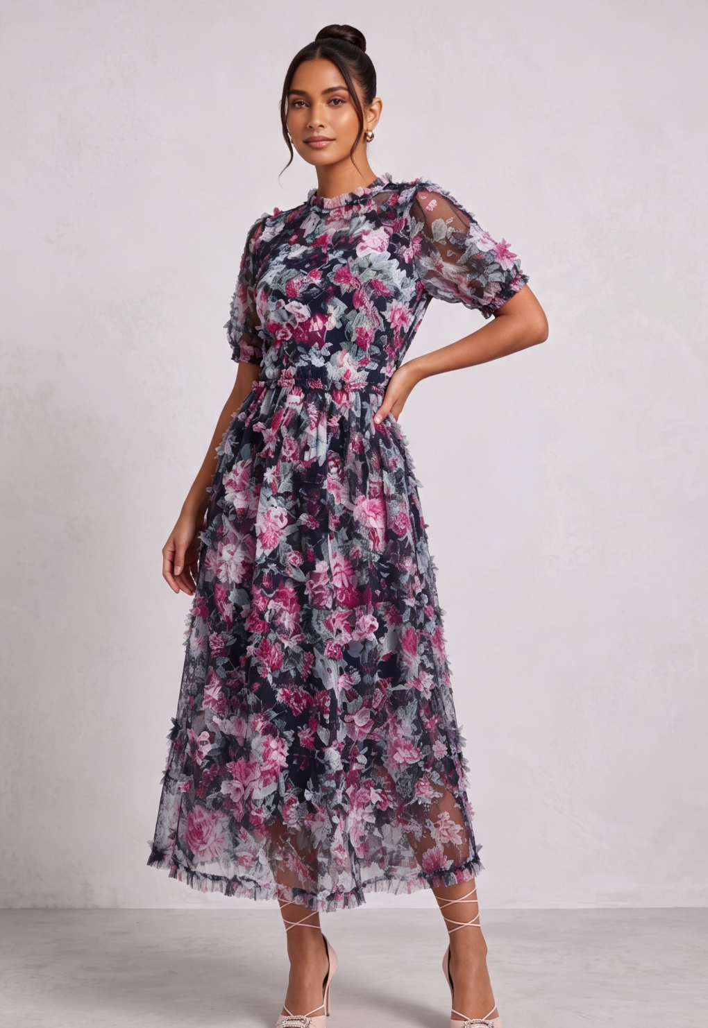 NAVY FLORAL SHEER ORGANZA A-LINE MIDI DRESS 3D RUFFLE