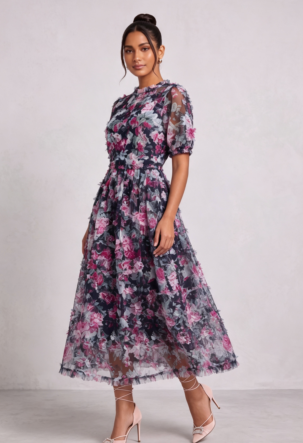 NAVY FLORAL SHEER ORGANZA A-LINE MIDI DRESS 3D RUFFLE
