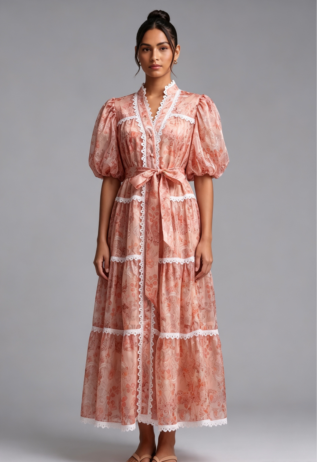 PEACH ORGANZA A-LINE TIERED MAXI DRESS BOTANICAL FLORAL