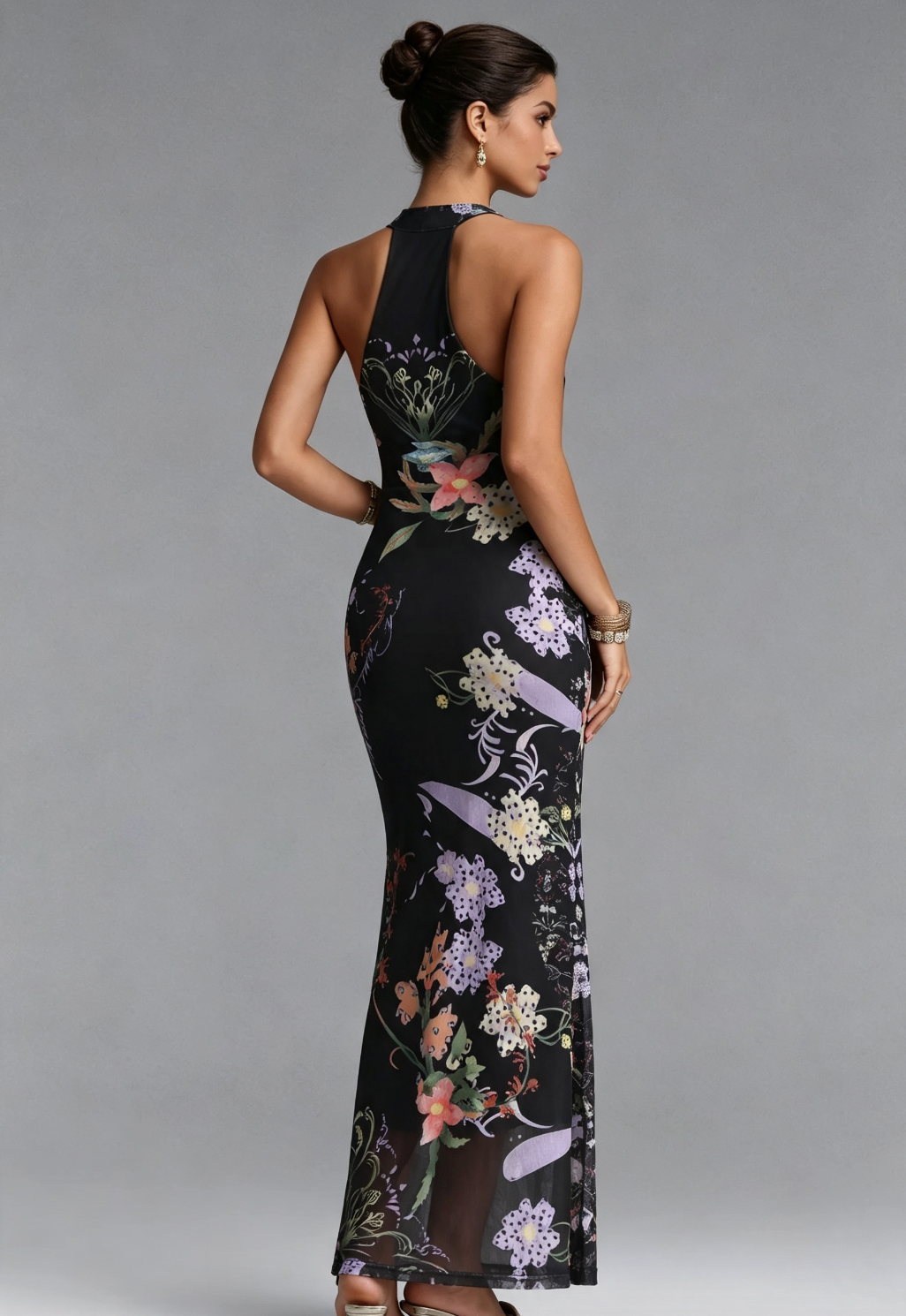 20260812142049_539_34 BLACK SHEER FLORAL PRINT FITTED COLUMN MAXI DRESS