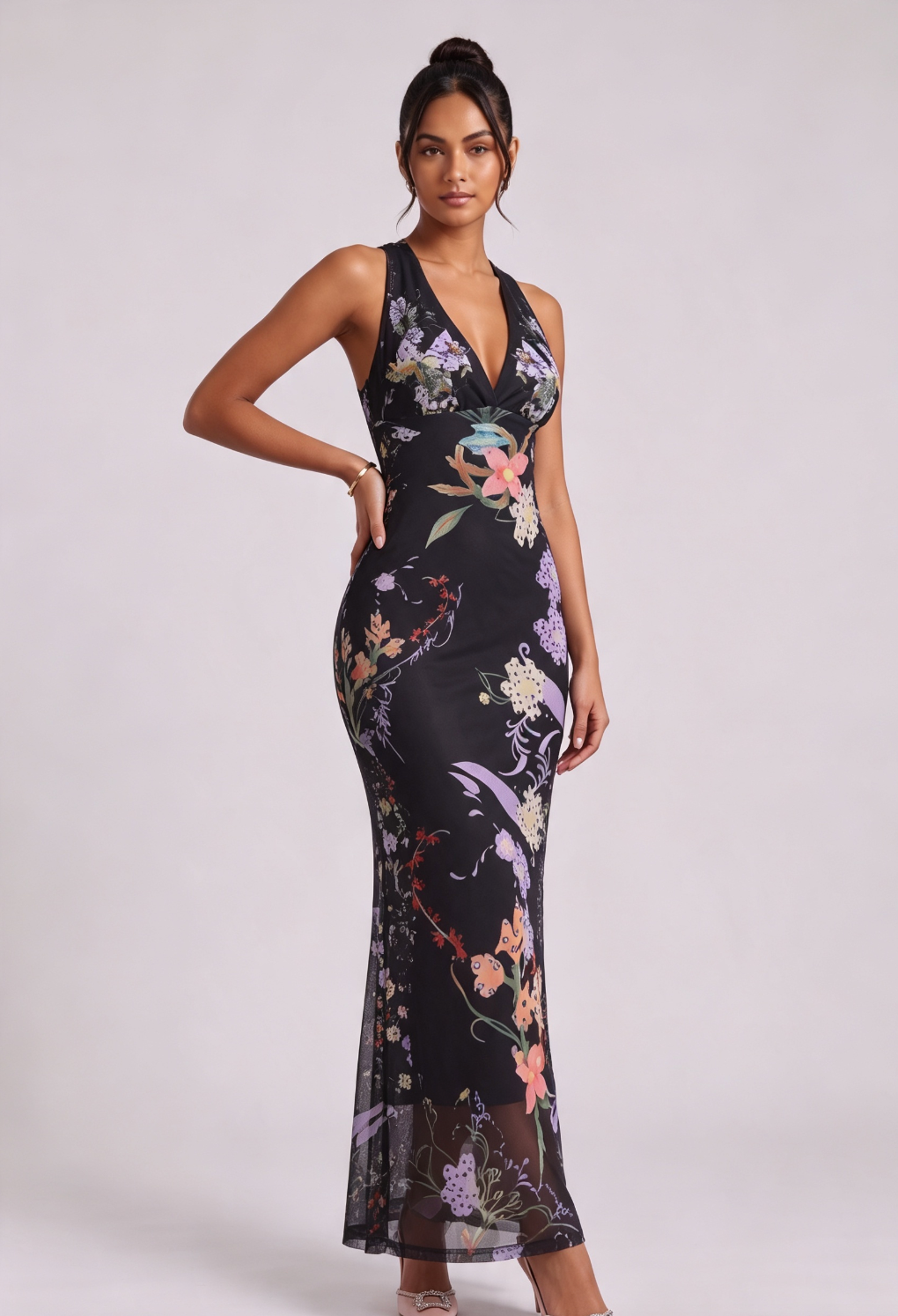 20260812142154_540_34 BLACK SHEER FLORAL PRINT FITTED COLUMN MAXI DRESS