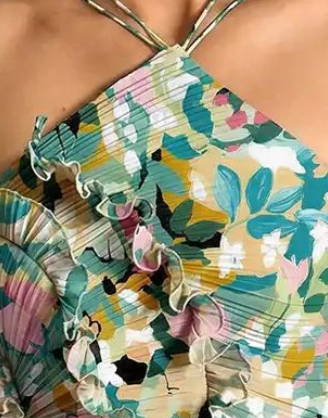 GREEN CHIFFON A-LINE MAXI DRESS HIGH SLIT RUFFLED