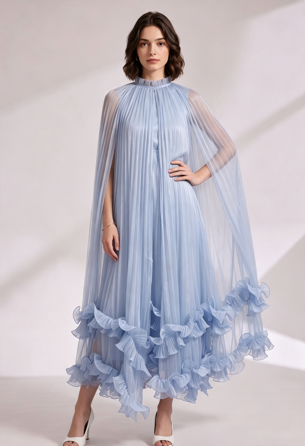 20260814143405_578_34 LIGHT BLUE PLEATED CAPE DRESS WITH RUFFLE HEM