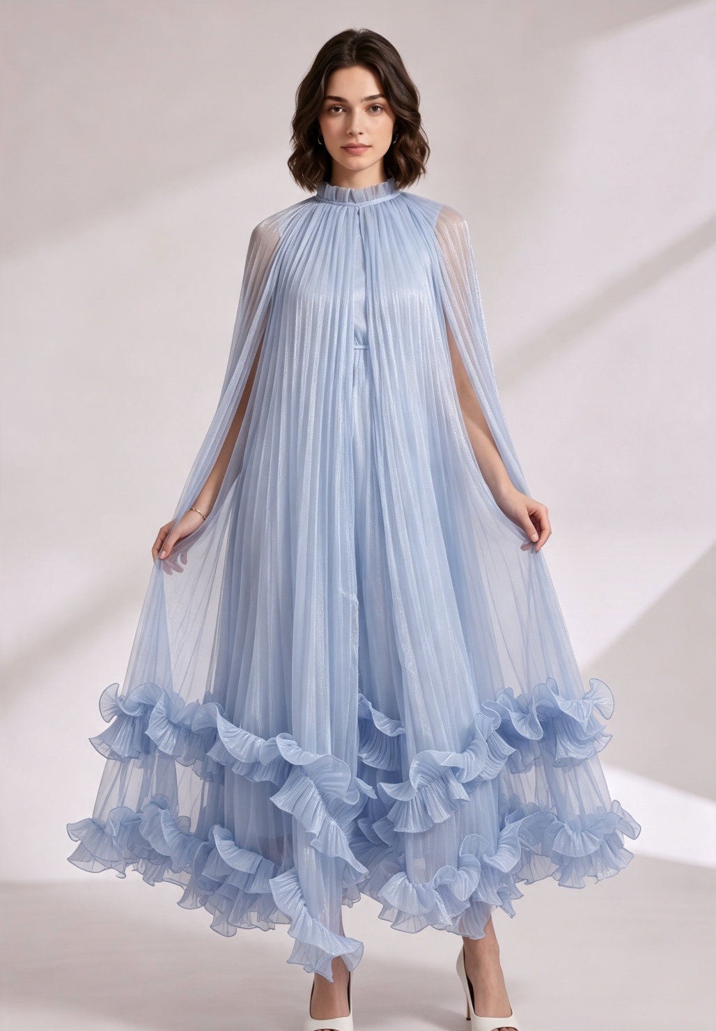 20260814143405_579_34 LIGHT BLUE PLEATED CAPE DRESS WITH RUFFLE HEM
