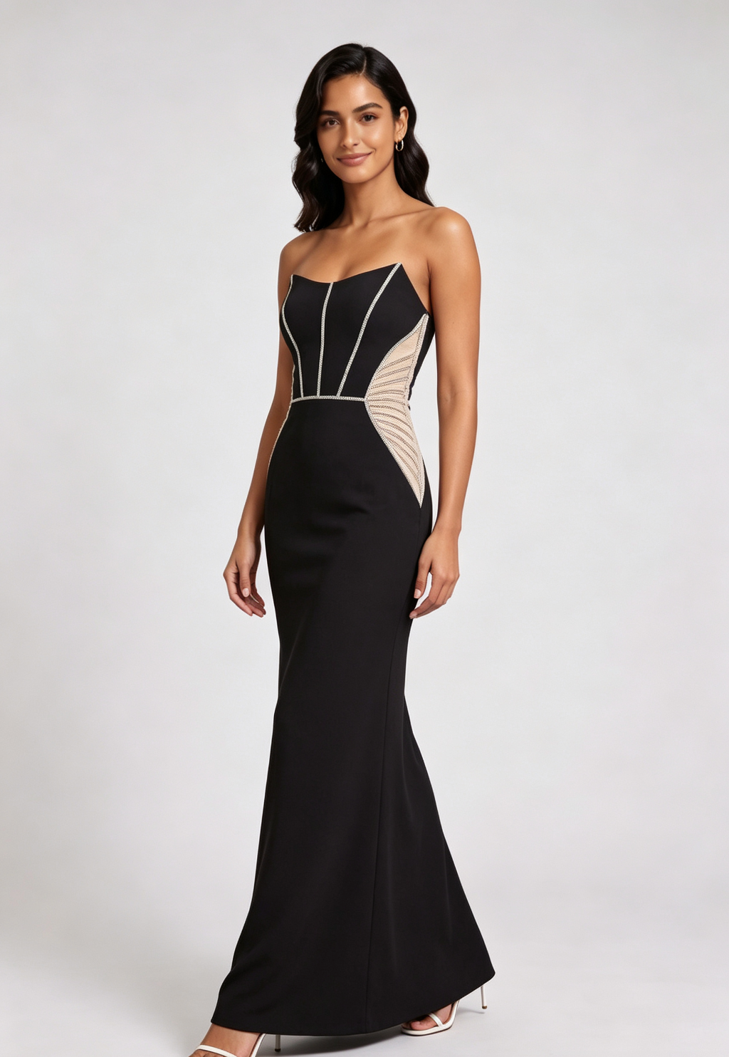 20260818140050_595_34 BLACK LACE-UP BACK MAXI DRESS EMBELLISHED MESH EVENING