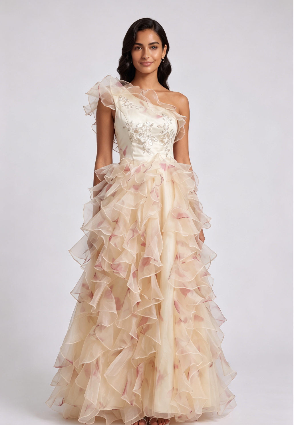 ONE-SHOULDER RUFFLED CORSET BACK MAXI DRESS