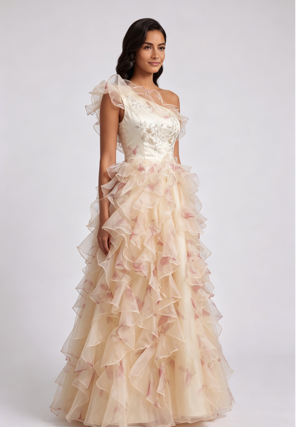 ONE-SHOULDER RUFFLED CORSET BACK MAXI DRESS